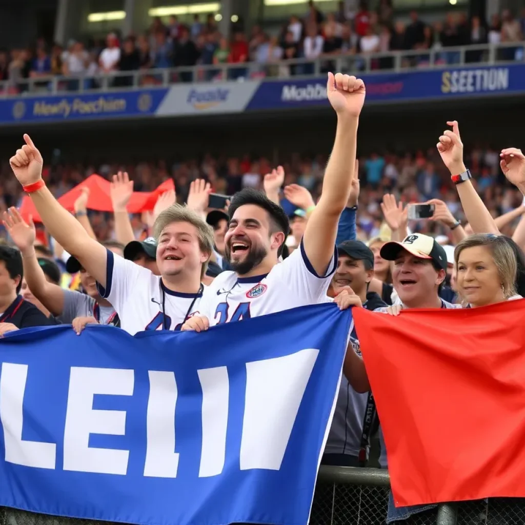 Celebrating team victory with enthusiastic fans and banners.