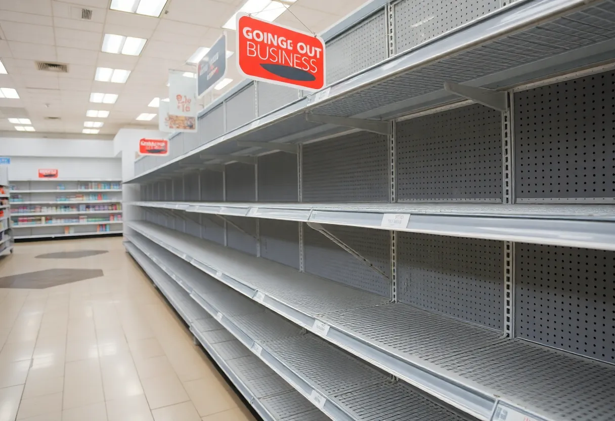 Empty store shelves with "Going Out of Business" signs.