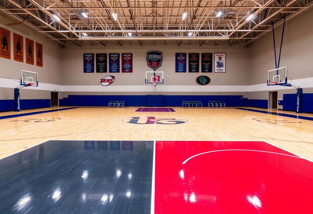 Basketball court with teams' colors and trophies on display.