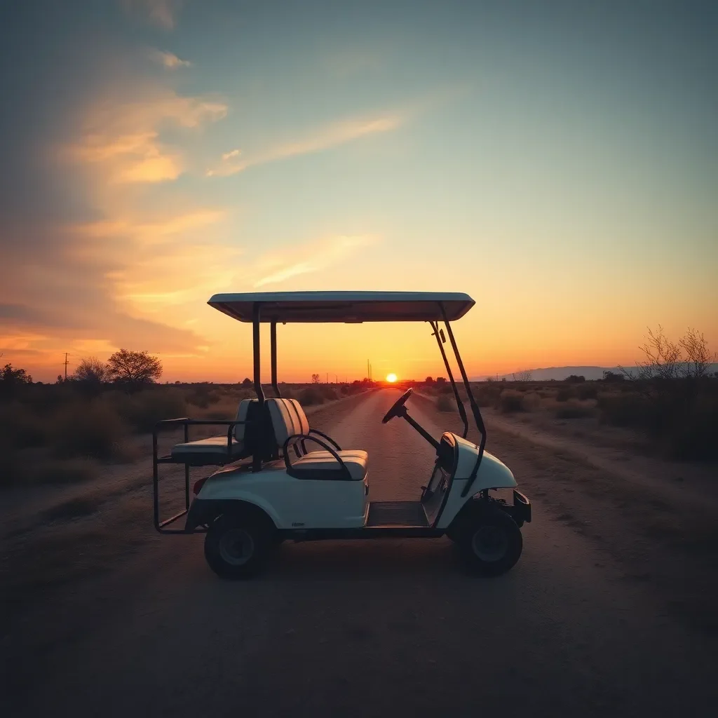 Abandoned golf cart on a deserted path at sunset.