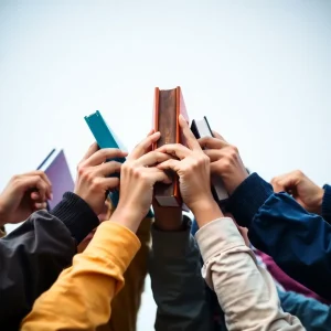 A diverse group of hands holding school books together.