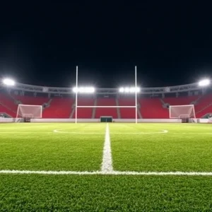 Football field with goalposts under bright stadium lights.