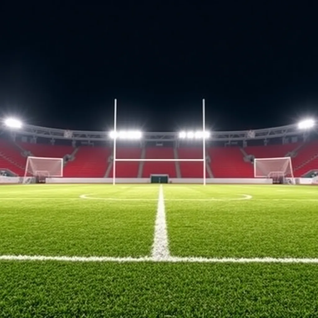 Football field with goalposts under bright stadium lights.