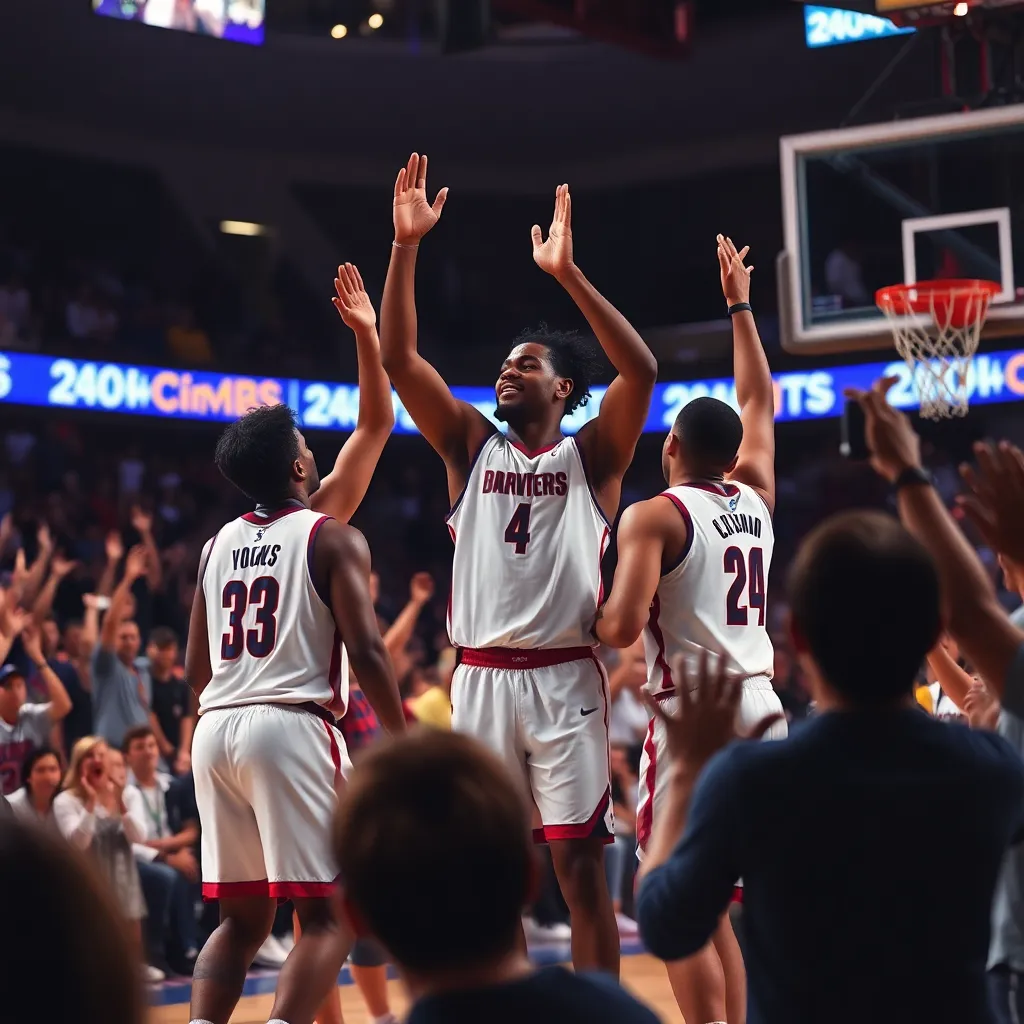 Basketball team celebrating victory, audience cheering enthusiastically.