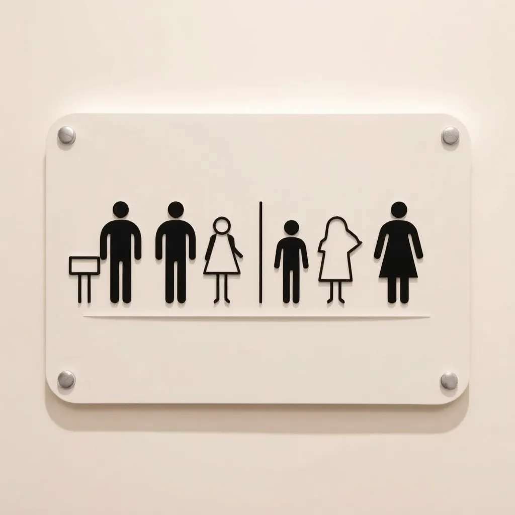 Inclusive bathroom sign with diverse symbols and colors