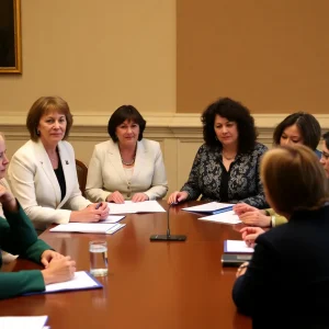 Diverse group of women collaborating at a legislative table.