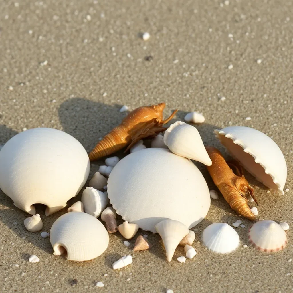 Seashells and washed-up sea creatures on sandy beach.