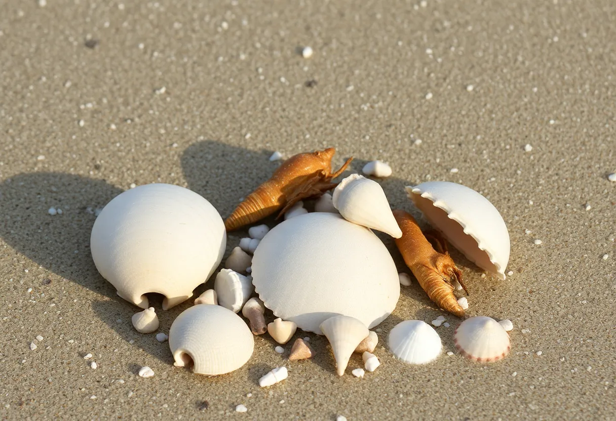 Seashells and washed-up sea creatures on sandy beach.