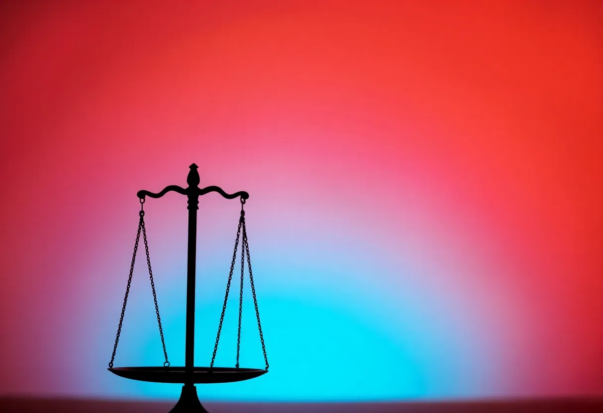 Silhouette of legal scales against a somber backdrop.