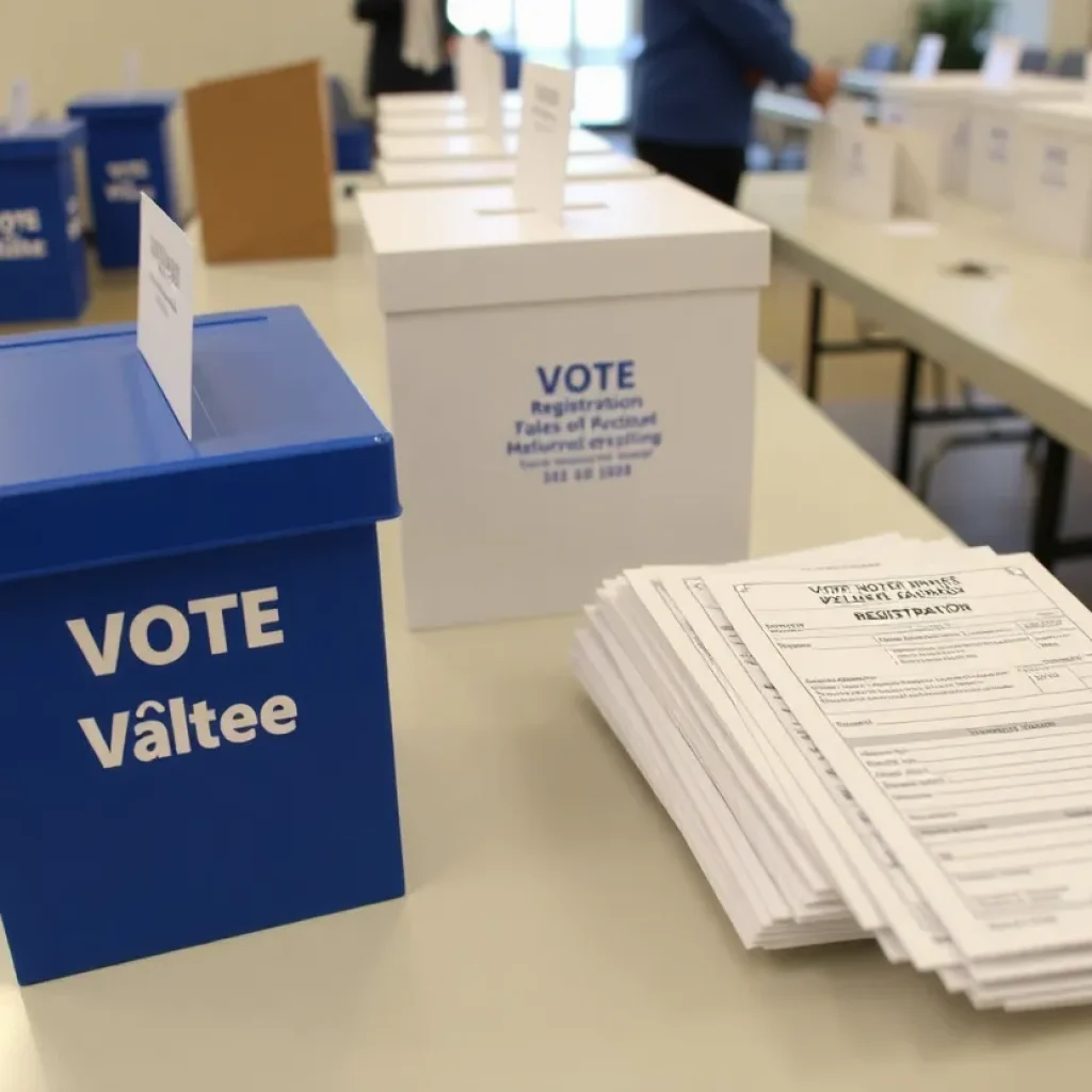 Voter registration forms and ballot boxes on a table.