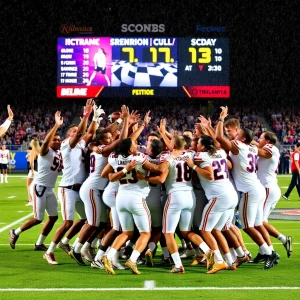 Dynamic football team celebrating a large scoreboard victory.