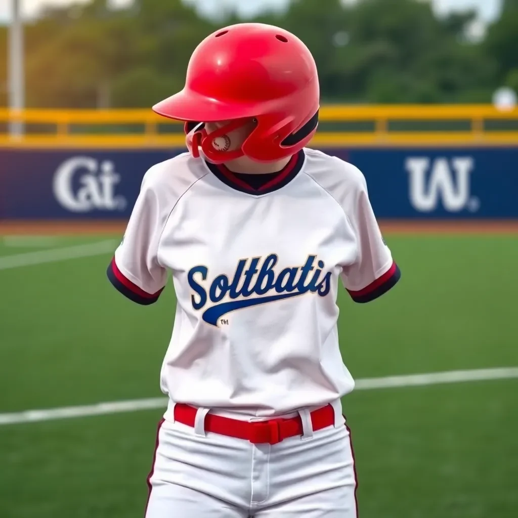 Softball gear and collegiate colors on a field backdrop.