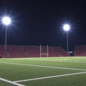 Football field under bright stadium lights at night.