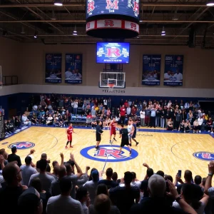 Basketball court showdown with team logos and passionate fans.