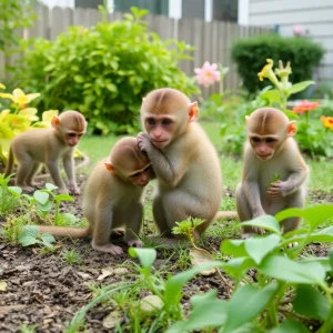 Curious monkeys exploring a suburban backyard garden.