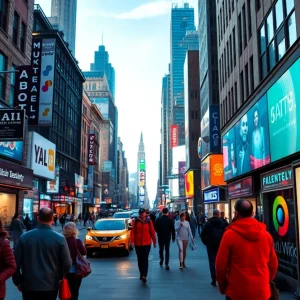 Futuristic marketing scene in New York City with AI integration