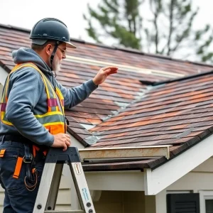 Person inspecting storm damage on roof using ladder