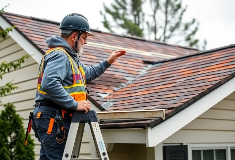 Person inspecting storm damage on roof using ladder