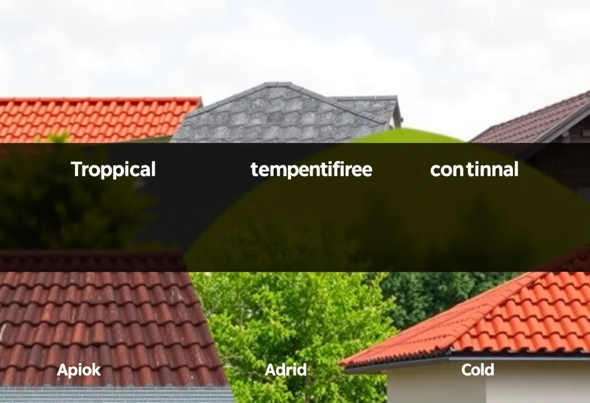 Illustration of roofing materials suited for various climates.