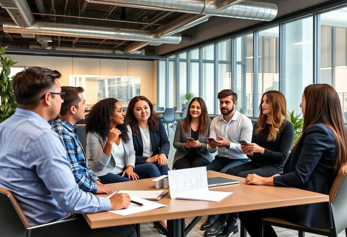 Executives in a modern office discussing marketing strategies