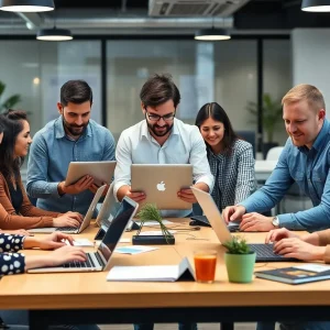 People collaborating in a modern office on digital marketing strategies