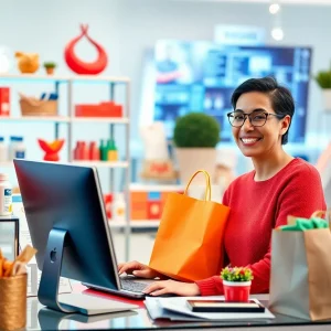 A happy shopper engaging in online shopping with diverse products displayed on the computer screen.