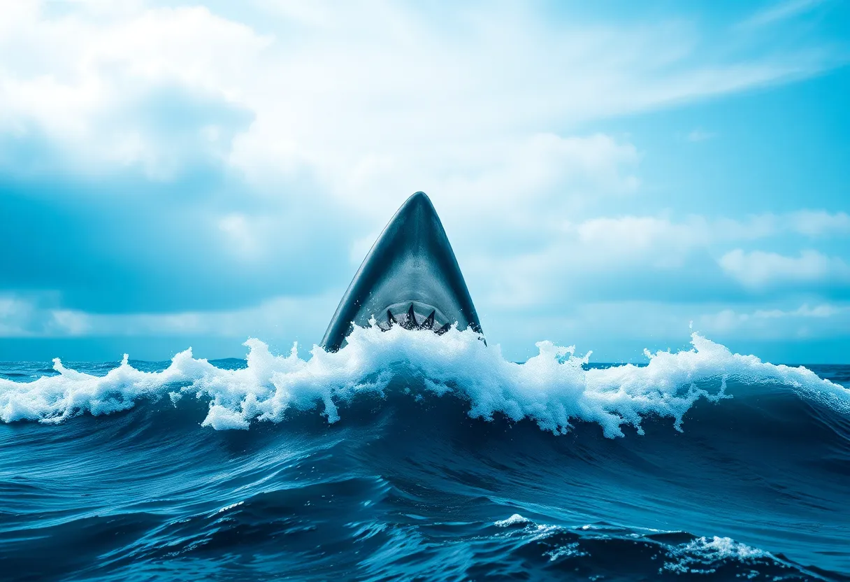 A shark fin in calm waters representing innovative marketing strategies