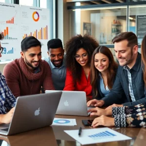 Diverse team of marketers working on customer journey analytics in a modern office.