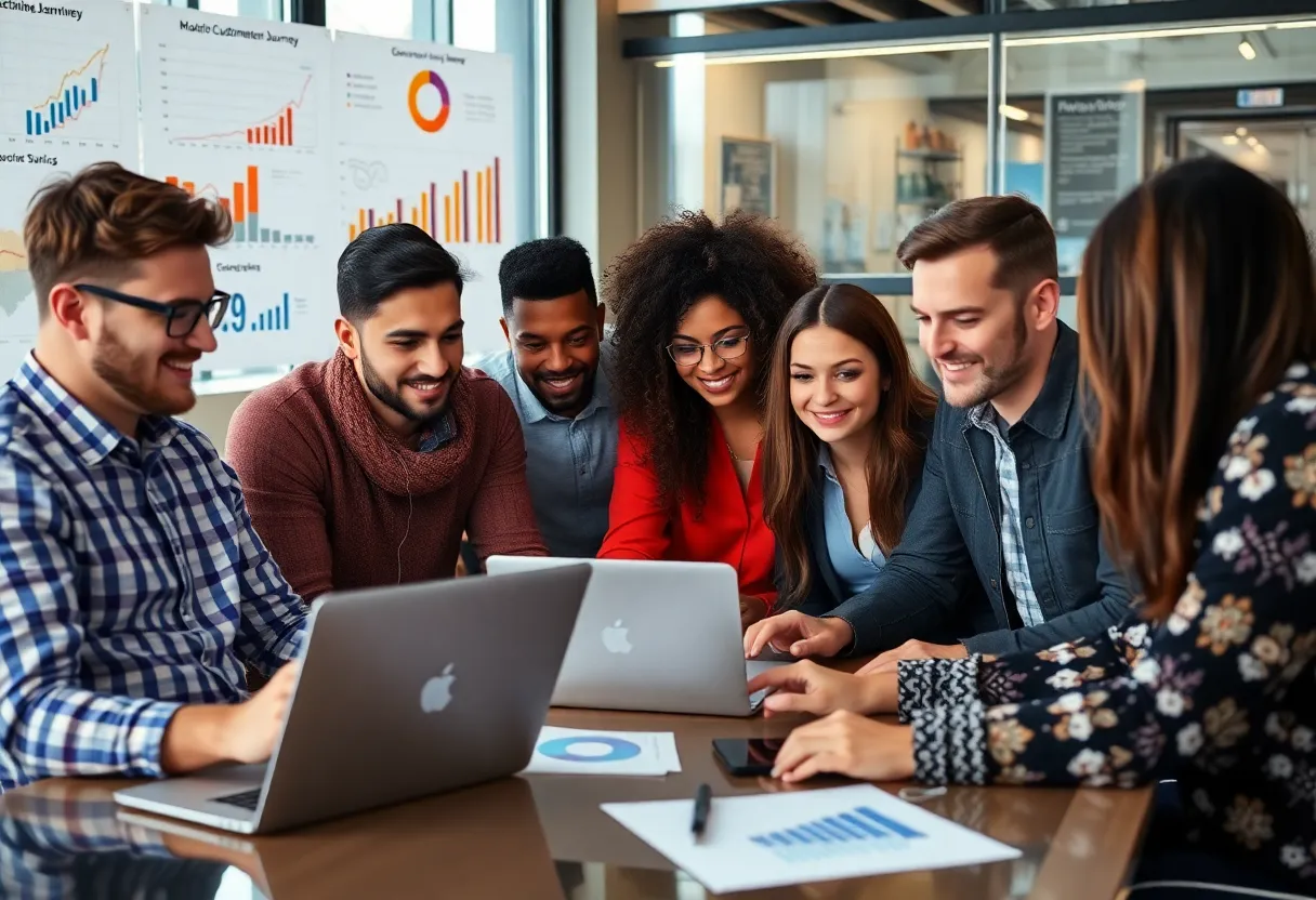 Diverse team of marketers working on customer journey analytics in a modern office.