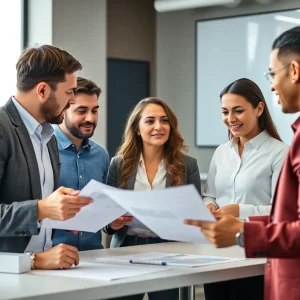 Marketing team discussing strategies for 2025 in a modern office