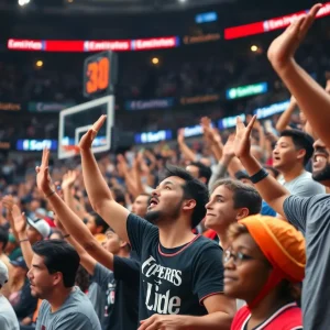 Fans celebrating in an NBA arena with new sponsor branding