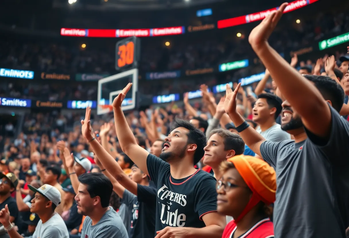 Fans celebrating in an NBA arena with new sponsor branding