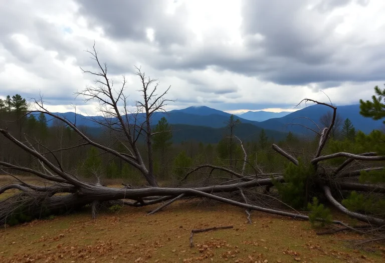 Downed trees and stormy skies in Western North Carolina after Storm Helene.