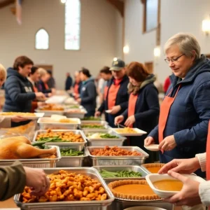 Volunteers serving Thanksgiving meals at Illumine Church in Rock Hill.