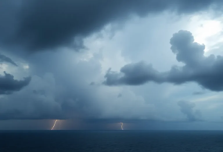 Dark storm clouds gathering over the Caribbean as Tropical Storm Rafael approaches.