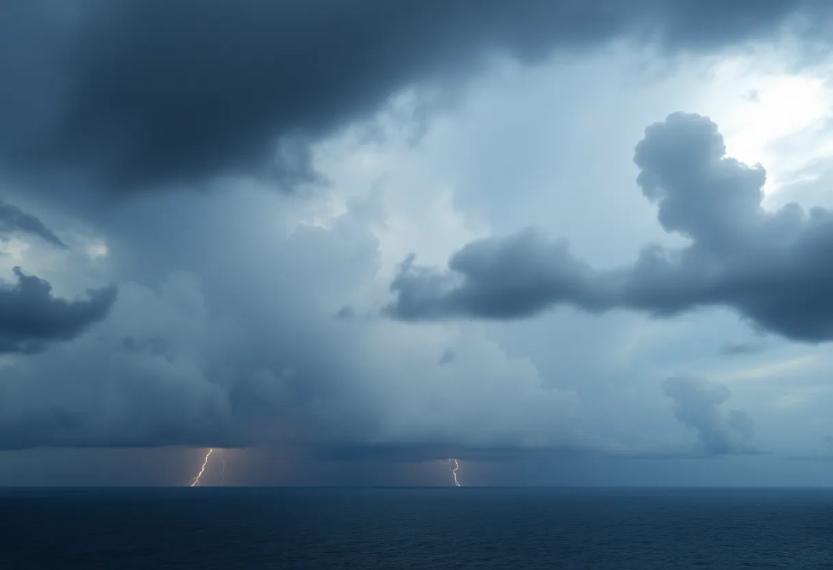 Dark storm clouds gathering over the Caribbean as Tropical Storm Rafael approaches.