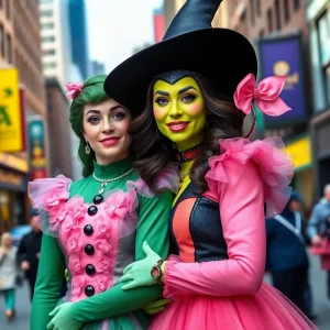 Promotional scene for Wicked movie with Elphaba and Glinda in NYC