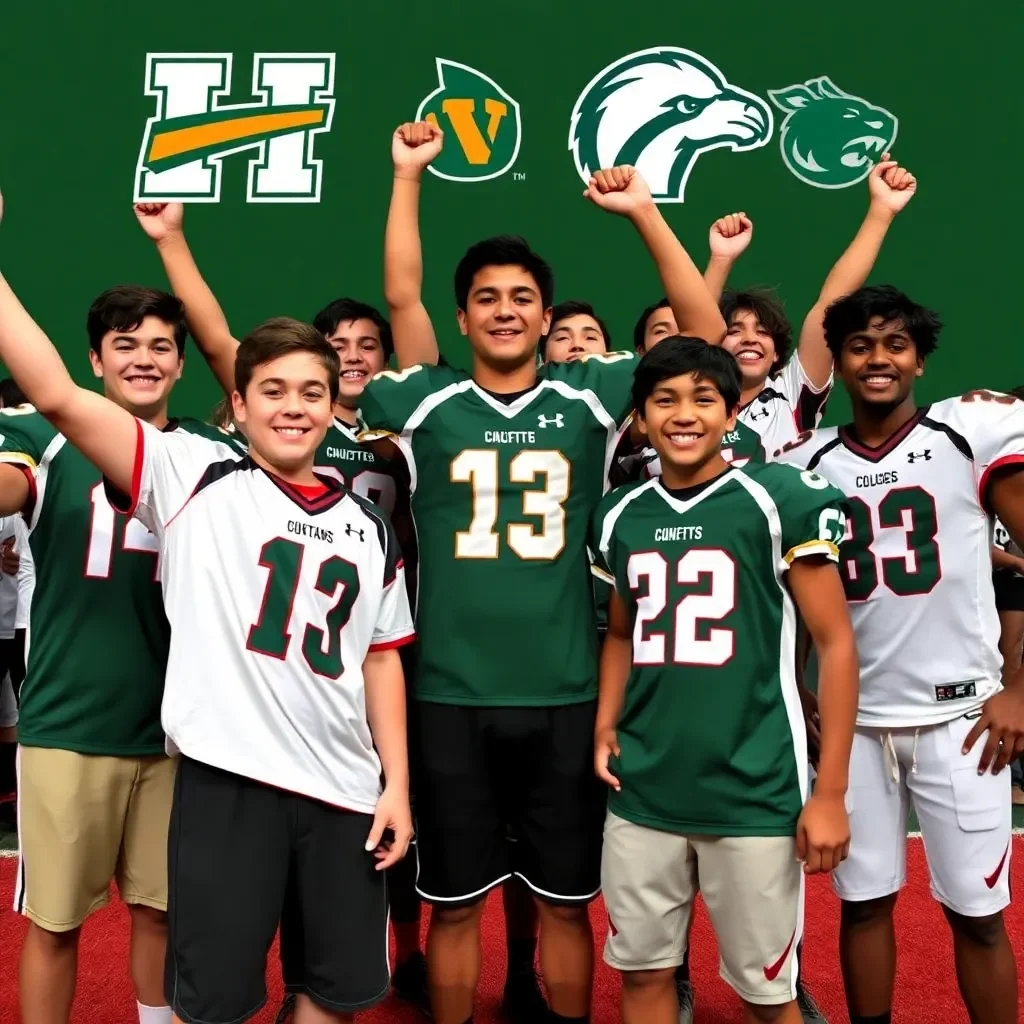 High school athletes celebrating team jerseys and college logos.