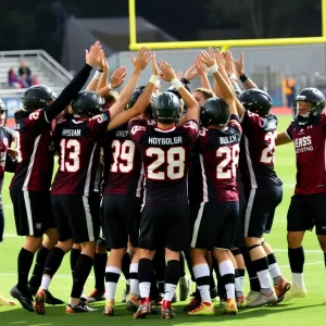 Football team celebrating victory on the field.