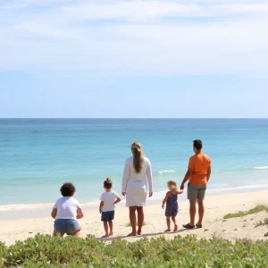 Scenic beach view with families enjoying nature together.