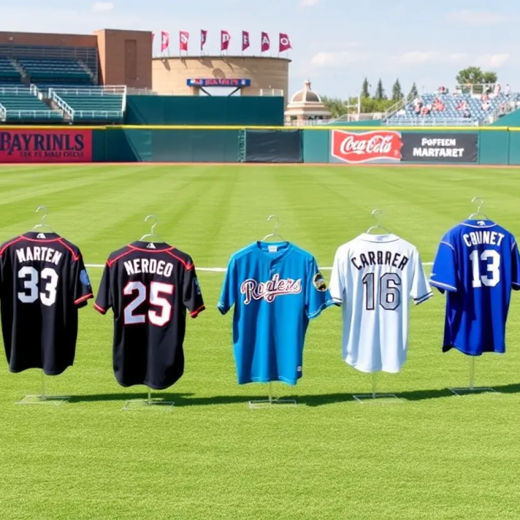 Baseball field with team jerseys and pennants displayed.