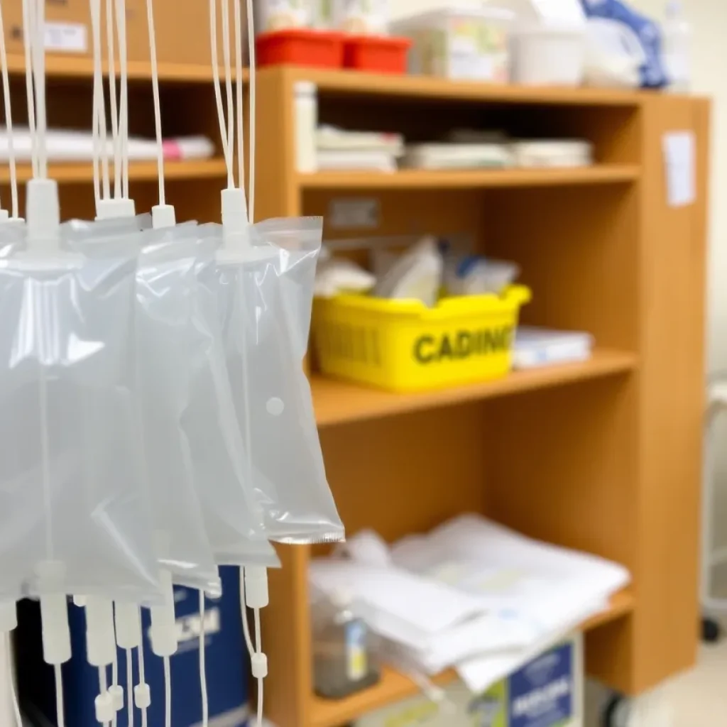 Empty IV bags in a hospital supply room.