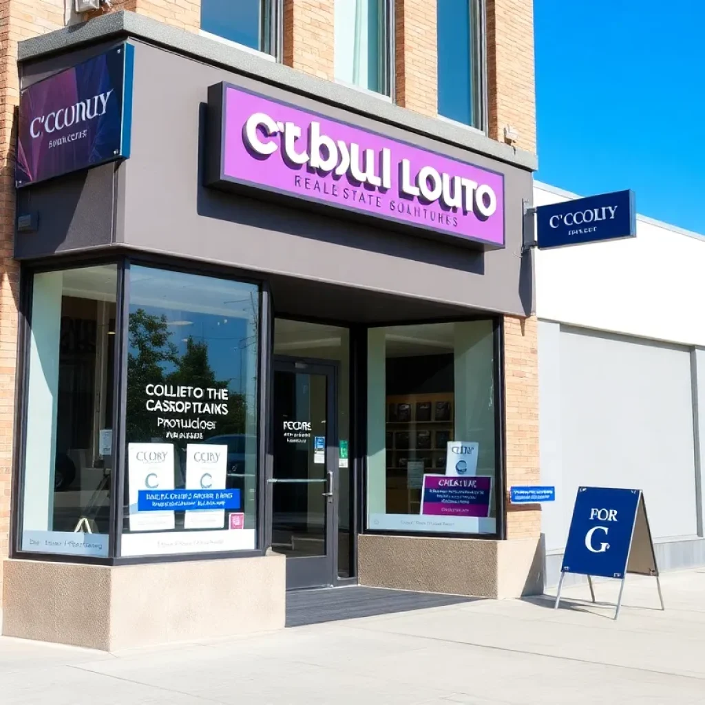 Modern storefront with signage of real estate brokerage.