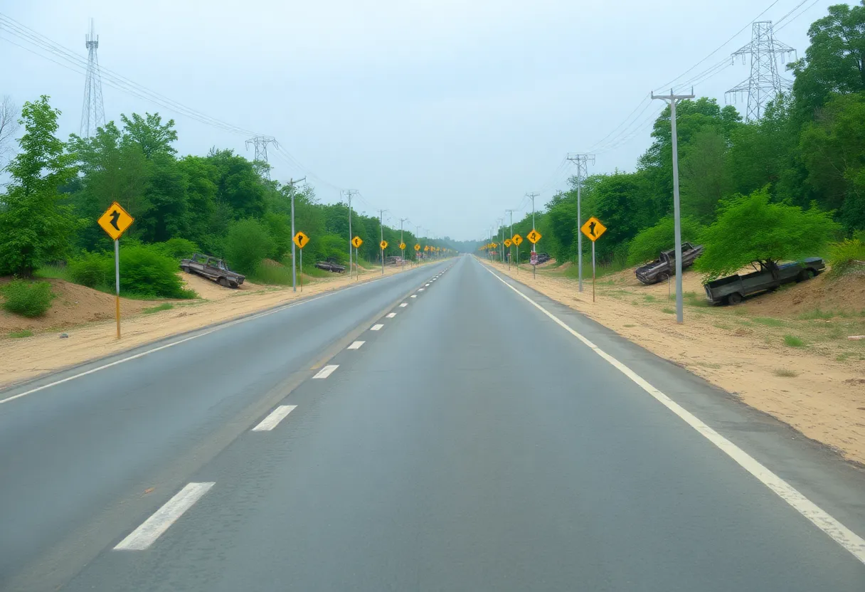 Quiet road with caution signs and abandoned vehicles.