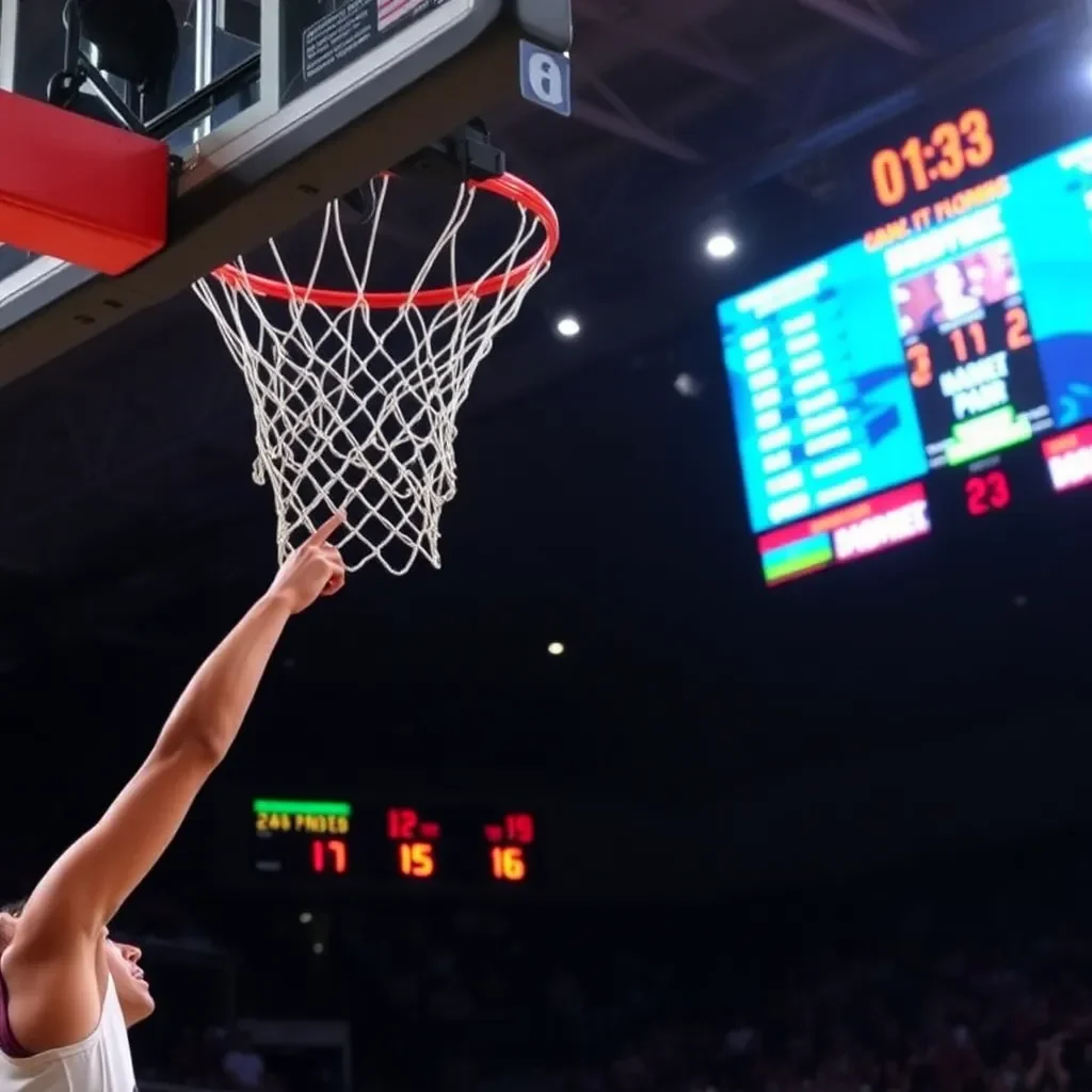 Exciting basketball game with close score displayed on scoreboard.