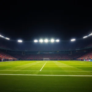 Football field under stadium lights with cheering crowd.