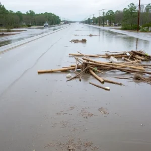 Submerged roads and debris from floodwaters in South Carolina.