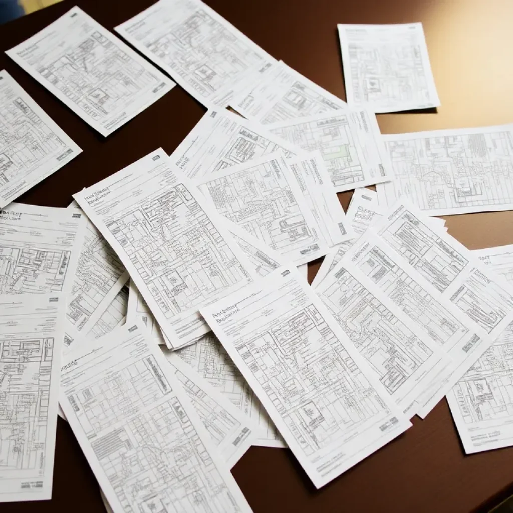 Voter ballots scattered on a table with maps.