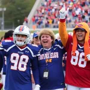 College football recruitment celebration with team colors and gear.