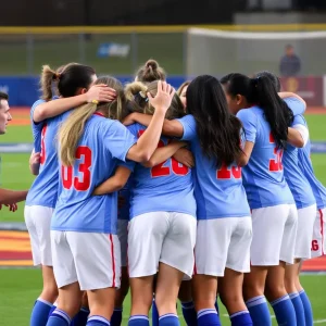 Celebratory team huddle after a championship victory